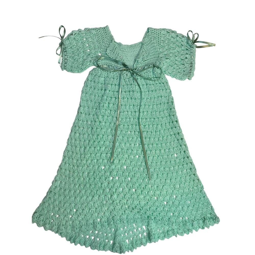 Seafoam Mint Green Crochet Lace Ribbon Bow Button Christening Gown Formal Dress